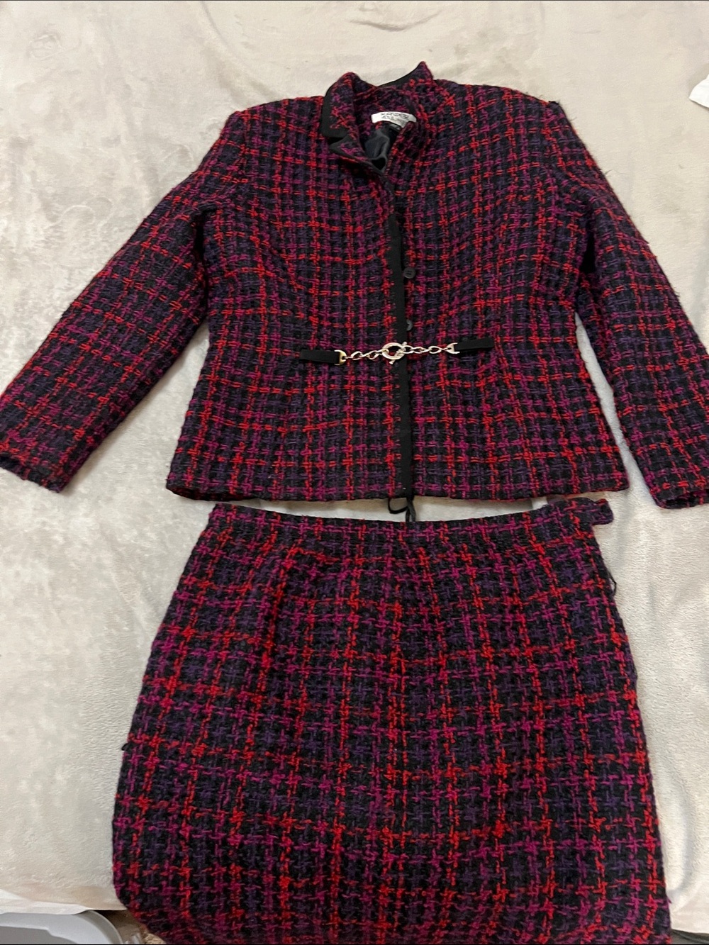 Classic Tweed Jacket & Skirt Set - Black and Red